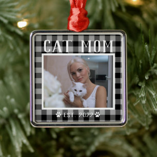 Classic Black Plaid Personalised Cat Mum Photo Metal Ornament