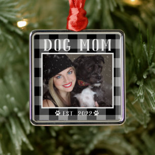 Classic Black Plaid Personalised Dog Mum Photo Metal Ornament
