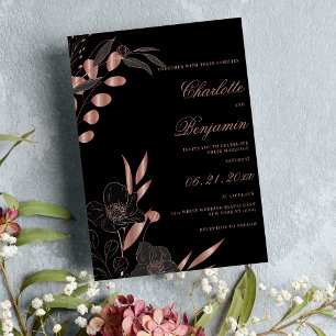 Classic black rose gold elegant floral wedding invitation
