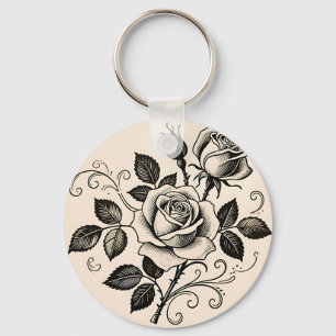 Classic Black Rose Vintage Botanical Bloom Key Ring