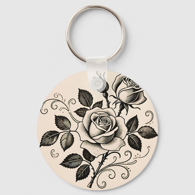 Classic Black Rose Vintage Botanical Bloom Key Ring (Front)
