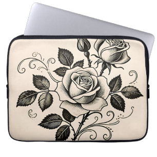Classic Black Rose Vintage Botanical Bloom Laptop Sleeve