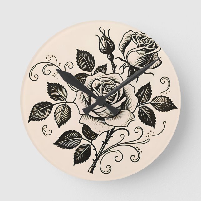 Classic Black Rose Vintage Botanical Bloom Round Clock (Front)