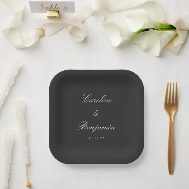 Classic Black Script Elegant Wedding Custom Name  Paper Plate (Wedding)