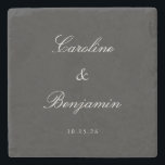 Classic Black Script Elegant Wedding Custom Name Stone Coaster<br><div class="desc">Celebrate your special day with this personalised stone coaster, featuring a minimalist design that exudes timeless elegance. Perfect for weddings or anniversaries, this coaster showcases your names and date in a delicate script against a natural slate-grey background, offering a sophisticated and functional keepsake. Ideal as a unique favour for guests...</div>