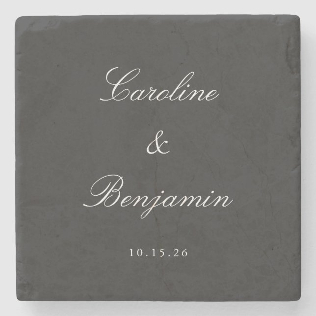 Classic Black Script Elegant Wedding Custom Name Stone Coaster (Front)