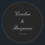 Classic Black Script Elegant Wedding Custom Round Sticker<br><div class="desc">Stylish Formal Classic Traditional Script Elegant Wedding Invitation Custom Classic Round Sticker with Black Background and White Text</div>