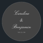 Classic Black Script Elegant Wedding Custom Round Sticker<br><div class="desc">Stylish Formal Classic Traditional Script Elegant Wedding Invitation Custom Classic Round Sticker with Black Background and White Text</div>