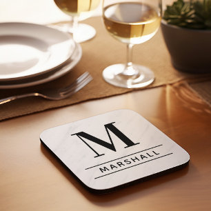 Classic Black Serif Monogram Family Name Coaster