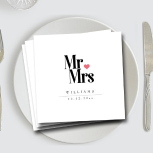 Classic Black Serif Mr and Mrs Heart Monogram Napkin