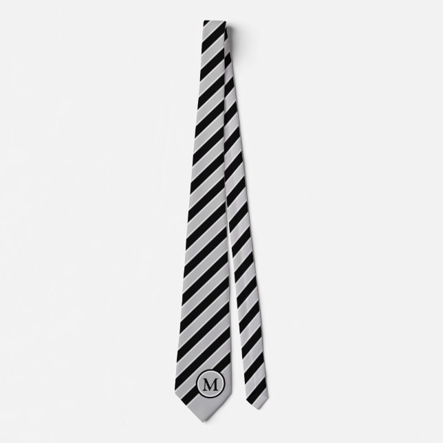 Classic Black Silver Grey Stripes Monogram Initial Tie (Front)