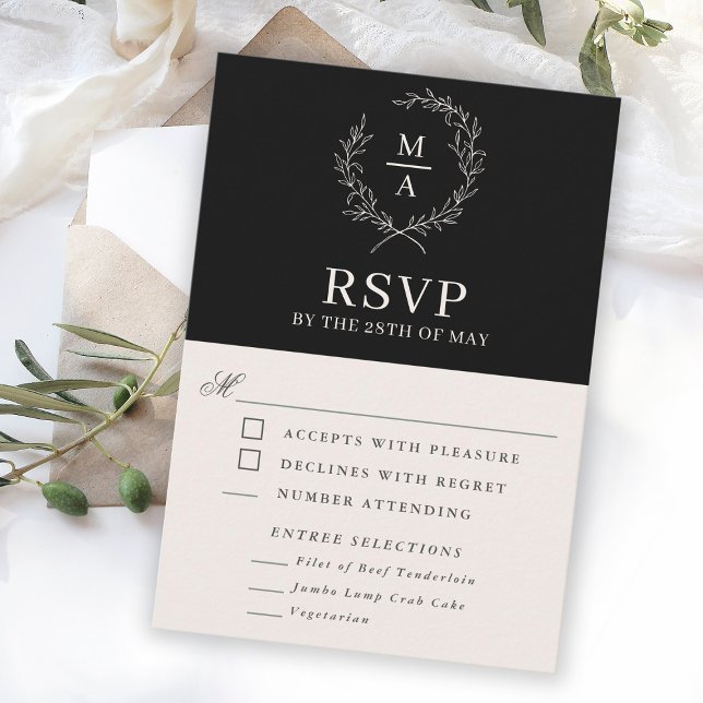 Classic Black Simple Elegant Monogram RSVP Meals Card (Creator Uploaded)