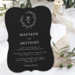 Classic Black Simple Elegant Monogram Wedding Invitation<br><div class="desc">A tasteful and classic choice in wedding invitations, this design conveys a simple elegance in its text layout and bracket shape style. A simple open laurel wreath of sketched leaves surrounds the monogram initial of the bride and groom. The elegant yet simple text template is ready to personalise with your...</div>