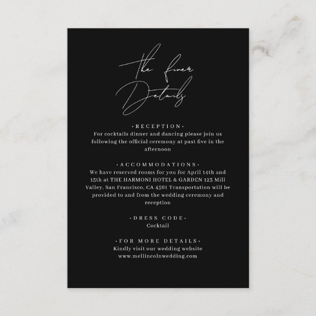 Classic Black Stylish Script Wedding Details Enclosure Card (Front)