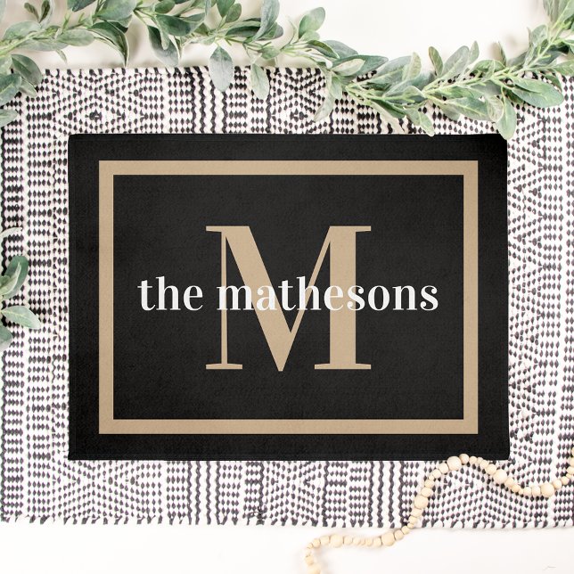 Classic Black & Tan Family Name & Monogram Doormat (Creator Uploaded)