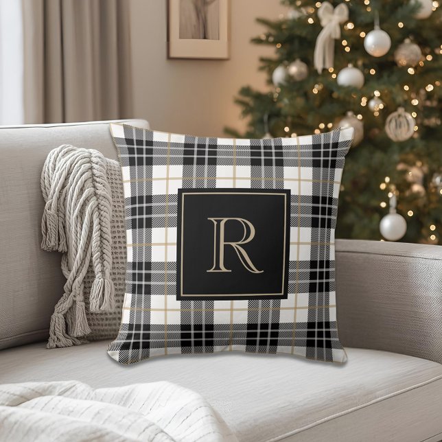 Classic Black Tartan Plaid Custom Initial Cushion (Creator Uploaded)