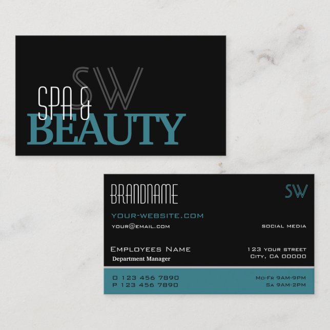 Classic Black Teal and White Simple with Monogram Business Card (Front/Back)