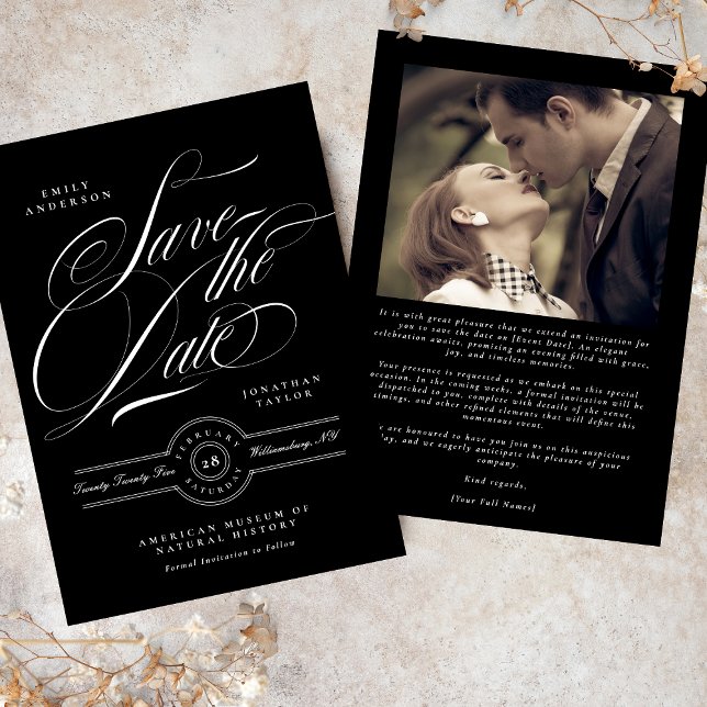 Classic Black Tie Elegant Calligraphy Photo Save The Date (Creator Uploaded)