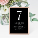 Classic Black Wedding Table Number Card<br><div class="desc">A bold black background and crisp white serif typography create a dramatic, formal wedding table number card. The couple's names and wedding date are displayed in a clean typographic layout for a striking monogram centerpiece at every reception table. The couple's names, date, and table number are easy to personalise. Each...</div>