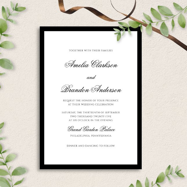 Classic Black & White Border Formal Script Wedding Invitation (Creator Uploaded)