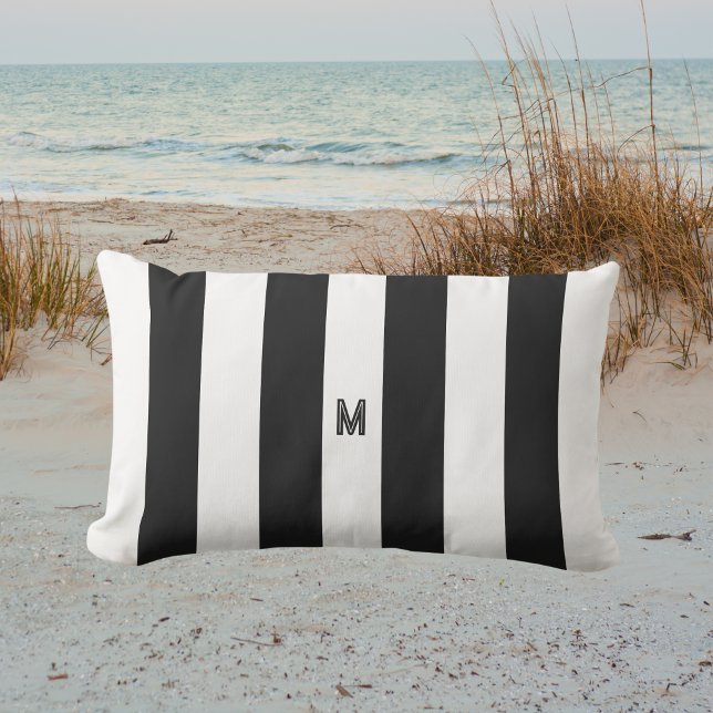 Classic Black & White Cabana Stripe Monogram Lumbar Cushion (Creator Uploaded)
