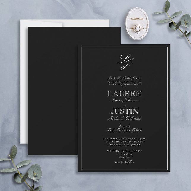 Classic Black & White Calligraphy Monogram Wedding Invitation (Creator Uploaded)