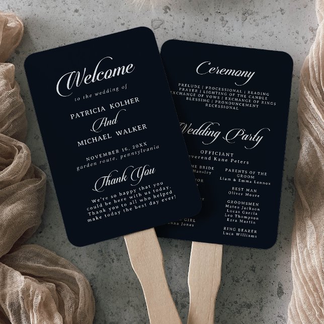 Classic Black White Calligraphy Wedding Program Hand Fan (Creator Uploaded)