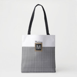 Classic Black & White Check Gingham Plaid Monogram Tote Bag