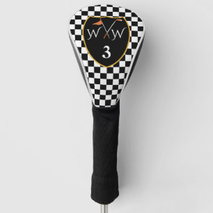 Classic Black & White Checks Initials & Number Golf Head Cover