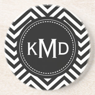 Classic Black White Chevron Trio Monogram Coaster