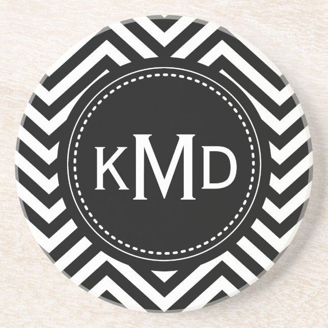 Classic Black White Chevron Trio Monogram Coaster (Front)
