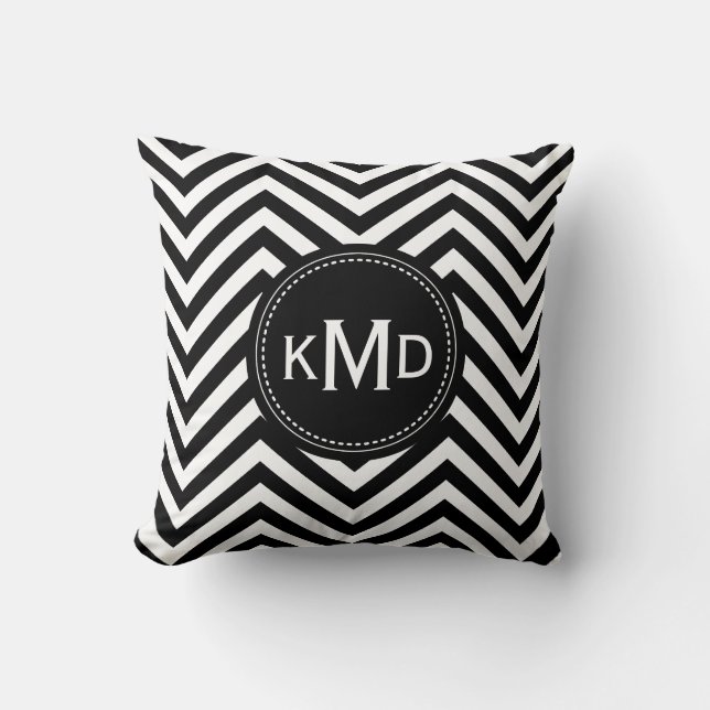 Classic Black White Chevron Trio Monogram Cushion (Front)