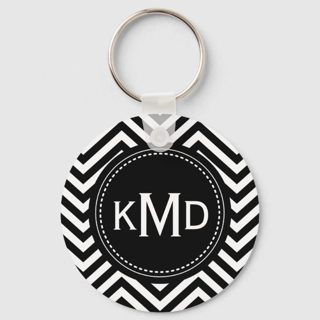 Classic Black White Chevron Trio Monogram Key Ring (Front)