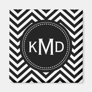 Classic Black White Chevron Trio Monogram Magnet