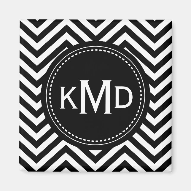 Classic Black White Chevron Trio Monogram Magnet (Front)