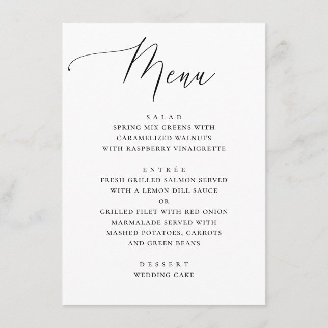 Classic Black & White Clean Script Wedding Dinner Menu (Front)
