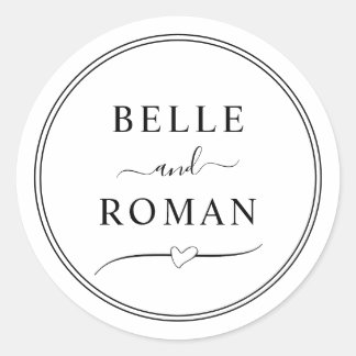 Classic Black & White Couples Names Wedding Round Sticker