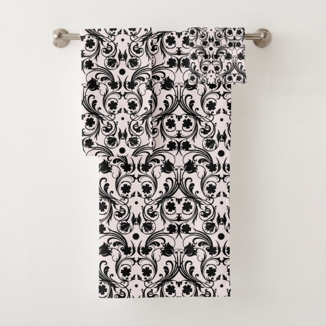 Classic Black & White Damask Pattern Bath Towel Set (Insitu)