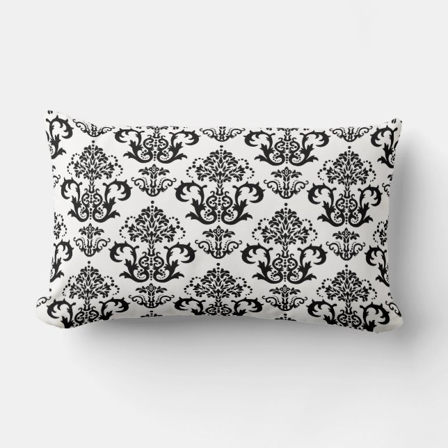 Classic Black & White Damask Wallpaper Print Lumbar Cushion (Front)