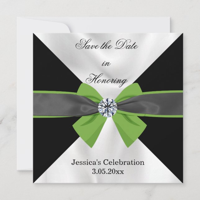 Classic Black & White Drapery with Green Bow Save The Date (Front)