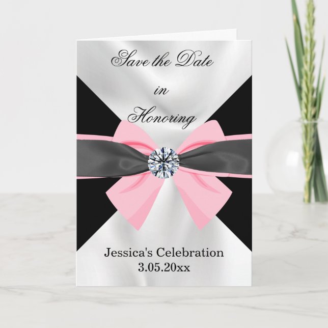 Classic Black & White Drapery with Pink Bow Announcement (Front)