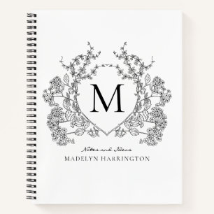 Classic Black White Floral Crest Monogram Journal
