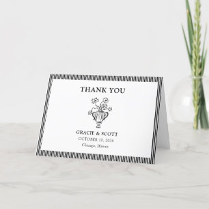 Classic Black & White Floral Sketch Stripe Wedding Thank You Card