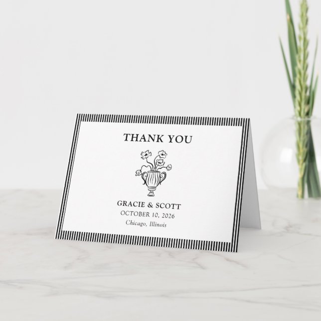 Classic Black & White Floral Sketch Stripe Wedding Thank You Card (Front)