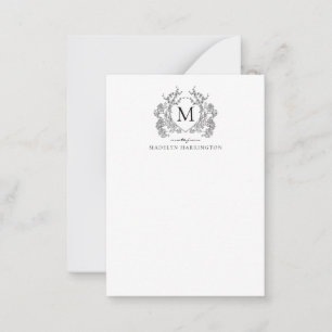 Classic Black White Floral Vintage Crest Monogram Card