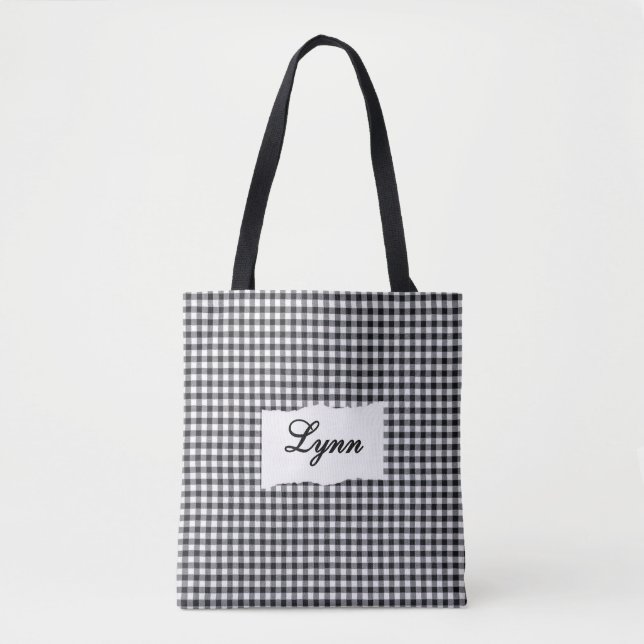Classic Black & White Gingham | Personalized Name Tote Bag (Front)