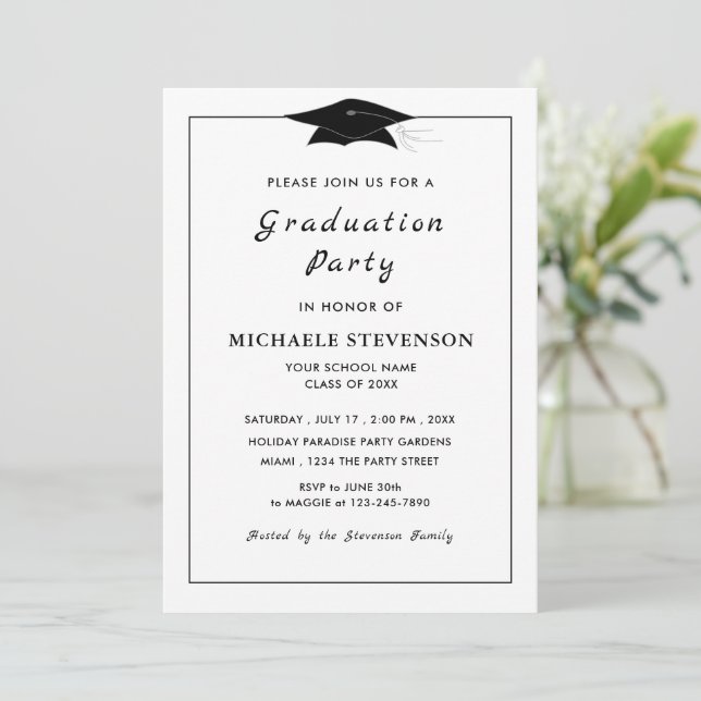 Classic Black White Grad Invitations - Your Colour (Standing Front)