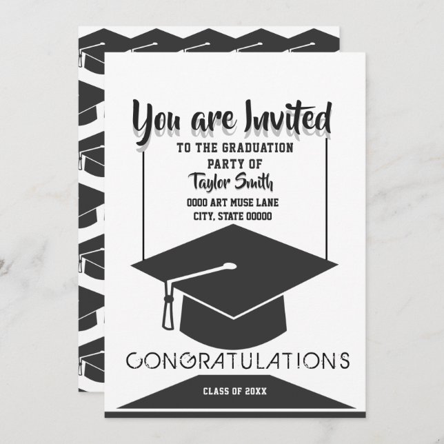 Classic Black & White Graduation Party Invitations (Front/Back)