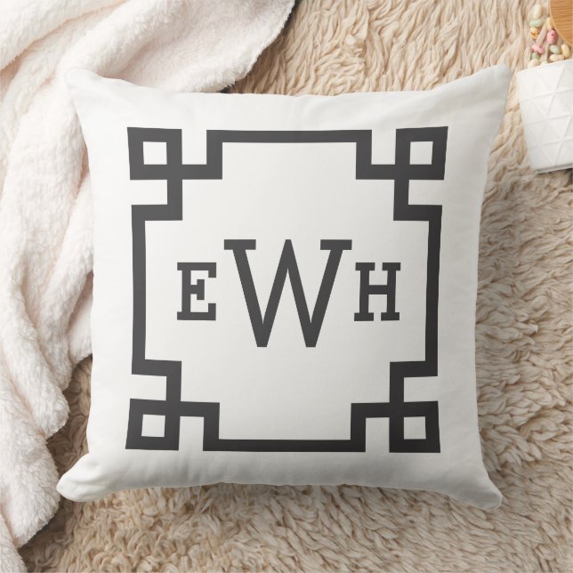 Classic Black White Greek Key Monogram Initial Cushion (Blanket)