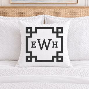 Classic Black White Greek Key Monogram Initial Cushion